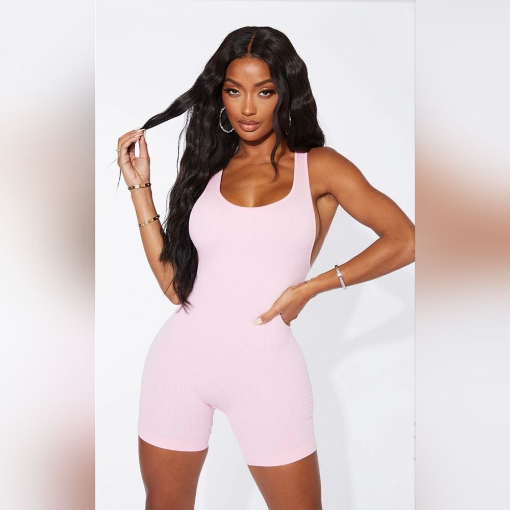 Pretty Little Thing Shape Baby Pink Contour Ribbed Scoop Neck Unitard Size Large